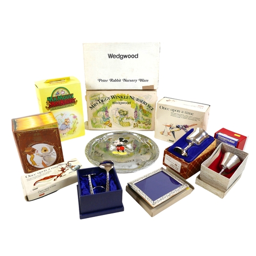 48 - A collection of vintage Christening items, all boxed, circa 1980s, including a Wedgwood Mrs tiggy Wi... 