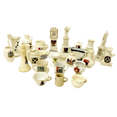 45 - A collection of crested ware, including clock, harp, cups, vases, and bear. (1 box)