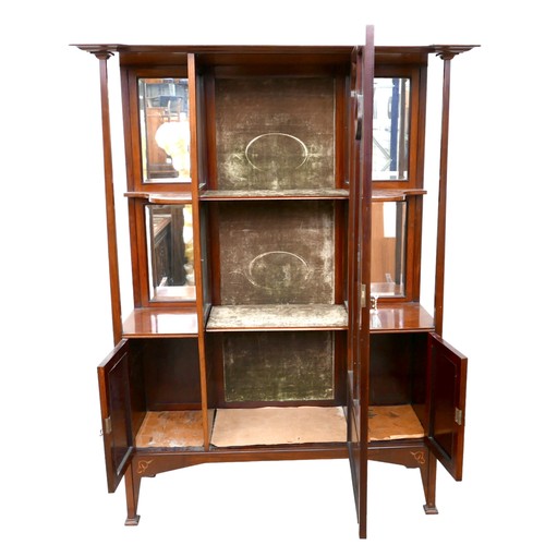 608 - An Art Nouveau mahogany display cabinet, with inlaid metal and fruitwood decoration, stepped and sha... 