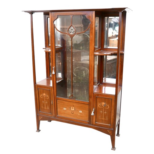 608 - An Art Nouveau mahogany display cabinet, with inlaid metal and fruitwood decoration, stepped and sha... 