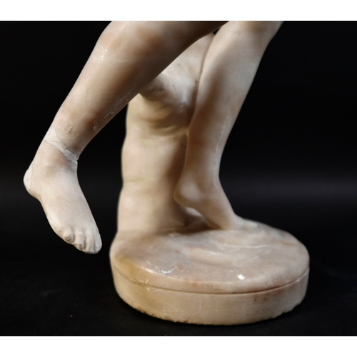 128 - A white marble statue, modelled as a Greek or Roman Goddess, standing nude on her left foot, 15 by 2... 