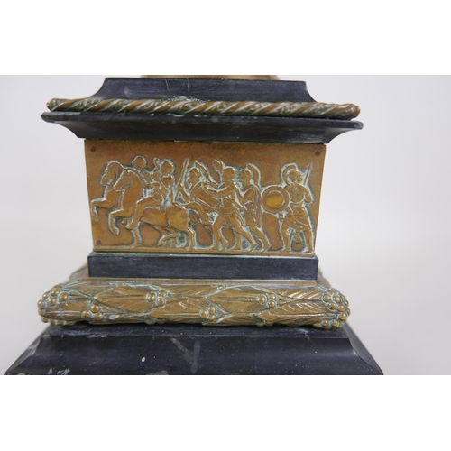 171 - A French black marble and bronze urn, circa 1870’s, on a marble base with classical frieze, 13 by 13... 