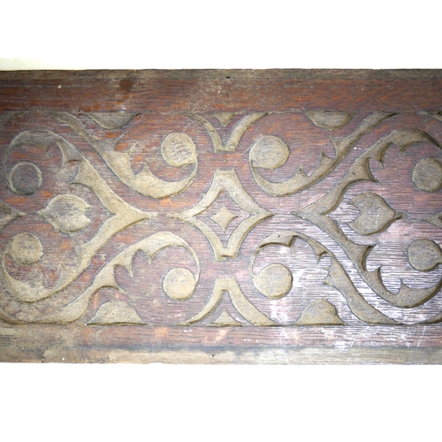 245 - Two carved oak panels, 22 by 2 by 24cm and 18 by 2 by 58cm. (2)