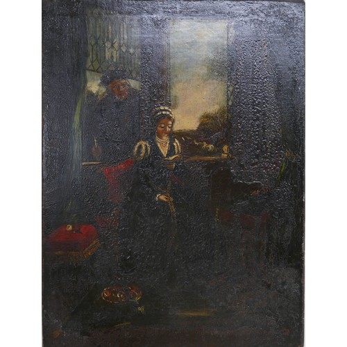 431 - Dutch School (19th century): an interior scene with a young lady wearing pearls reading a religious ... 