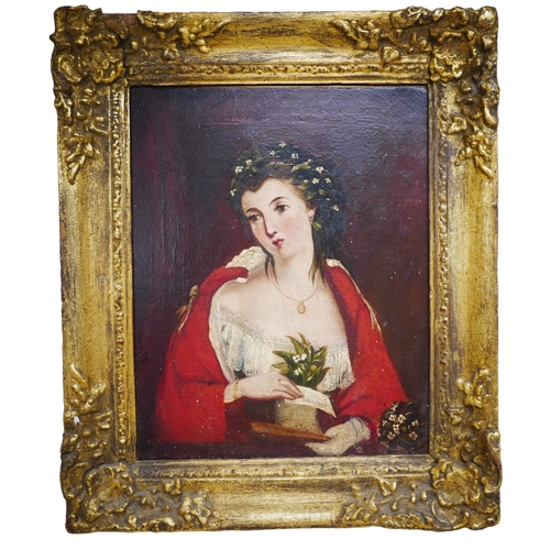 432 - British School (19th century): a half length portrait, depicting a lady wearing a red cape, with flo... 