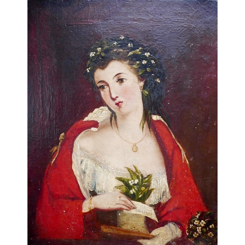 432 - British School (19th century): a half length portrait, depicting a lady wearing a red cape, with flo... 