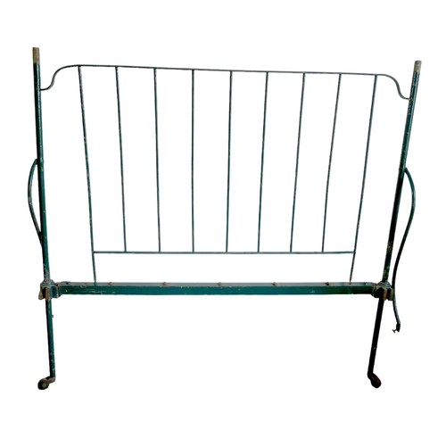 514 - A French 19th century metal double bed frame, painted green, with brass floral and scrolling decorat... 