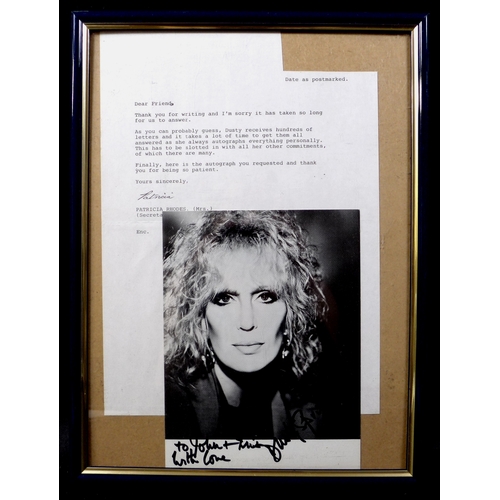 356 - Dusty Springfield: a signed photo and letter, 34 by 21cm, framed, 36 by 27cm.