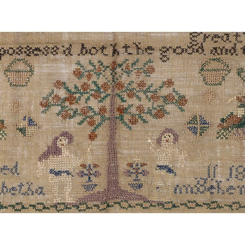 303 - A 19th century needlework sampler, cross stitch threads on linen, depicting alphabets, verse, and an... 