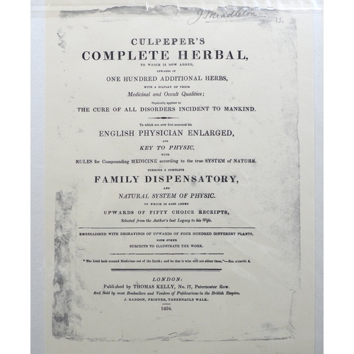 380 - Culpeper's Complete Herbal, 1834, a collection of five hand coloured bookplates, published by T. Kel... 