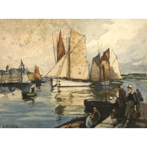 385 - Henri Alphonse Banoin (French, 1882-1940): A harbour scene with figures on the Quai in Brittany, dat... 