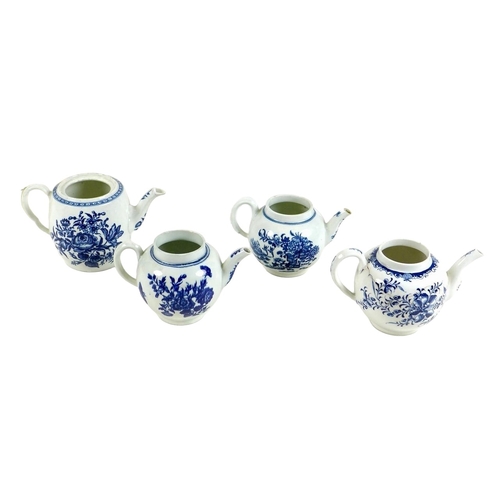 85 - A group of four 18th century Worcester teapots, with blue and white hand painted floral decoration, ... 