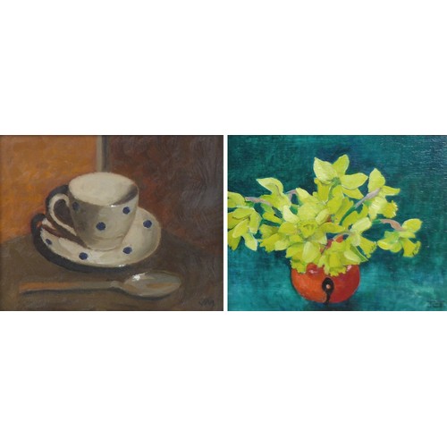 444 - Jon Morrison (British School, 20th century): still life, depicting a cup, saucer and spoon, oil on b... 