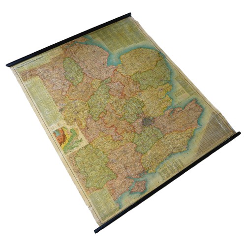 157 - A Richardson's Map of South East & Central England, wall hanging on wooden roller, 118 by 97cm.