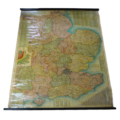 157 - A Richardson's Map of South East & Central England, wall hanging on wooden roller, 118 by 97cm.