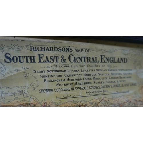 157 - A Richardson's Map of South East & Central England, wall hanging on wooden roller, 118 by 97cm.