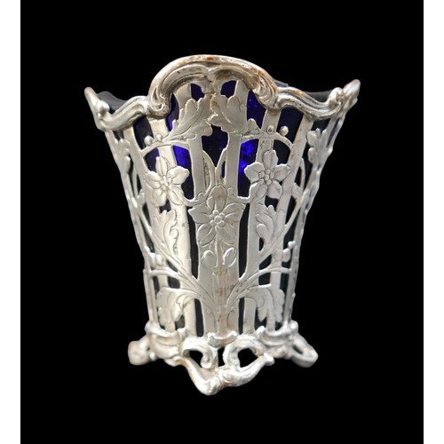 62 - An Austro-Hungarian ornate silver centre piece with blue glass liner, import mark for 1905 Berthold ... 