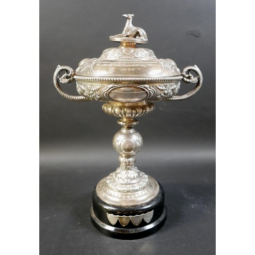 1 - A Victorian twin handled silver trophy, with hound surmount presentation inscription: ‘The Haigh Cha... 