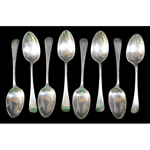 68 - An associated set of eight Edwardian and later silver dessert spoons, two Edwardian spoons with init... 