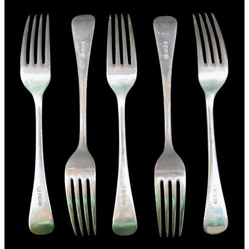 69 - Ten Edwardian and later silver dessert forks, comprising four Edwardian forks with initial 'S' to fi... 