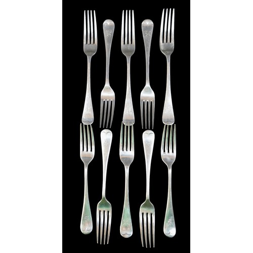 69 - Ten Edwardian and later silver dessert forks, comprising four Edwardian forks with initial 'S' to fi... 