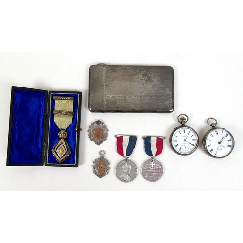 66 - A Queen Victoria commemorative silver gilt Masonic medal, bearing dates 1837-1897 with ribbon and cl... 