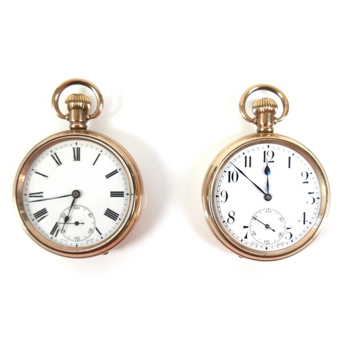 109 - Two gold plated open faced pocket watches, keyless wind. (2)