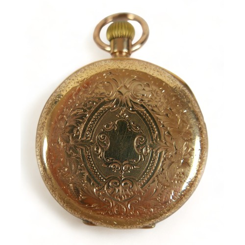 115 - A French 18ct yellow gold top wind pocket watch, 36mm case with gilt foliate dial, French Minerva go... 