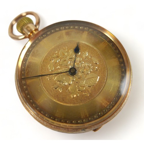 115 - A French 18ct yellow gold top wind pocket watch, 36mm case with gilt foliate dial, French Minerva go... 