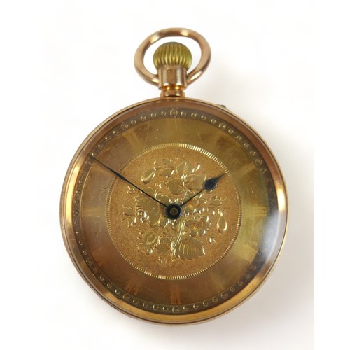 115 - A French 18ct yellow gold top wind pocket watch, 36mm case with gilt foliate dial, French Minerva go... 