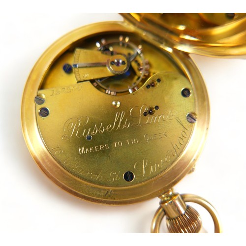 117 - An Edward VII 18ct yellow gold hunter pocket watch, keyless wind, by Russells Limited, 18 Church Str... 