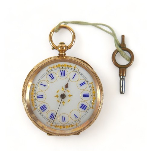 116 - An 18ct yellow gold key wind open face pocket watch with enamel dial and 39mm case, weight 42.7 gram... 