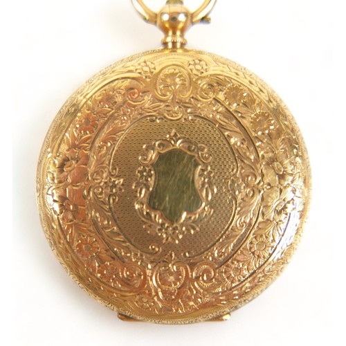 116 - An 18ct yellow gold key wind open face pocket watch with enamel dial and 39mm case, weight 42.7 gram... 