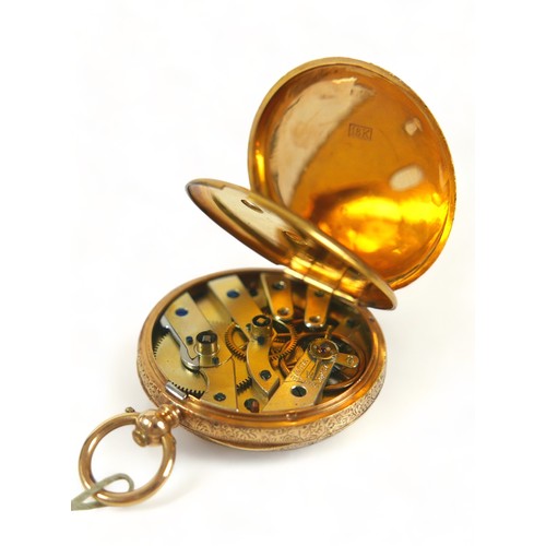 116 - An 18ct yellow gold key wind open face pocket watch with enamel dial and 39mm case, weight 42.7 gram... 