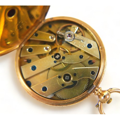 116 - An 18ct yellow gold key wind open face pocket watch with enamel dial and 39mm case, weight 42.7 gram... 