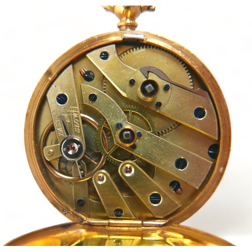 116 - An 18ct yellow gold key wind open face pocket watch with enamel dial and 39mm case, weight 42.7 gram... 