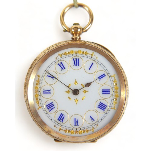 116 - An 18ct yellow gold key wind open face pocket watch with enamel dial and 39mm case, weight 42.7 gram... 