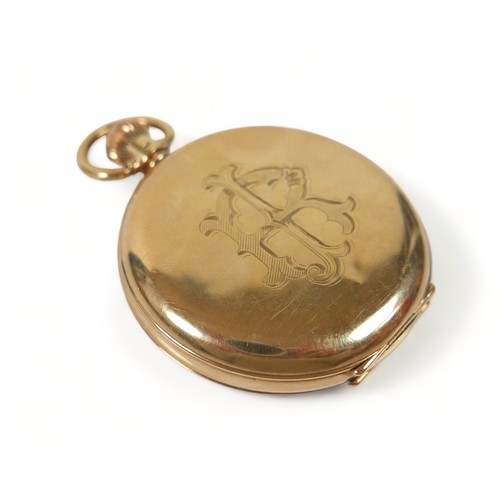 114 - A 9ct gold cased hunter pocket watch, monogram 'JR' to cover, top wind, Roman numeral dial, subsidia... 