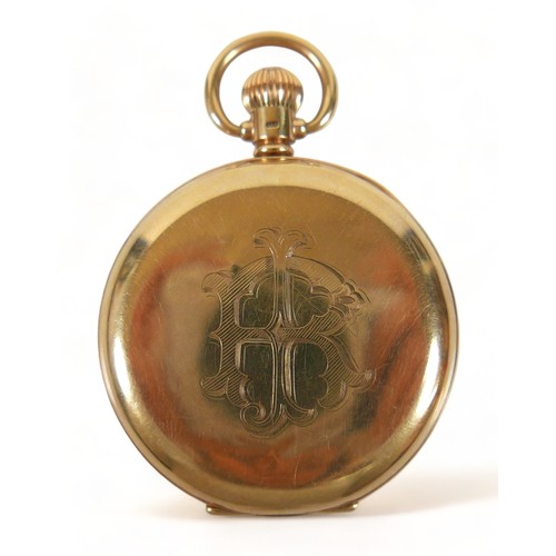 114 - A 9ct gold cased hunter pocket watch, monogram 'JR' to cover, top wind, Roman numeral dial, subsidia... 