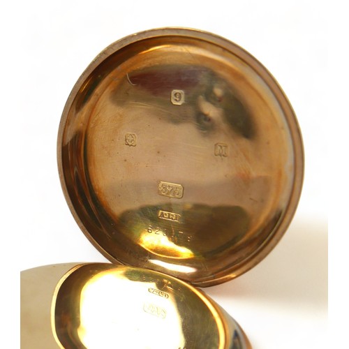 114 - A 9ct gold cased hunter pocket watch, monogram 'JR' to cover, top wind, Roman numeral dial, subsidia... 