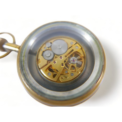 108 - A Jaeger LeCoultre open-faced skeleton pocket watch, with gilt metal case, Roman numeral dial.