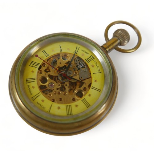 108 - A Jaeger LeCoultre open-faced skeleton pocket watch, with gilt metal case, Roman numeral dial.