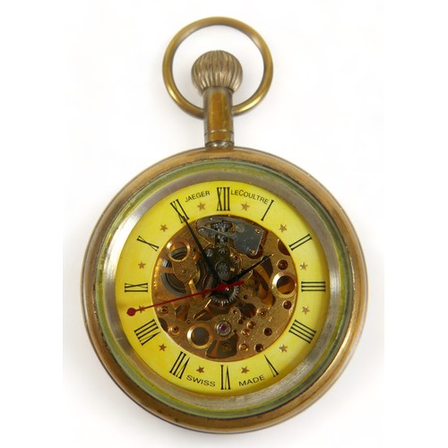 108 - A Jaeger LeCoultre open-faced skeleton pocket watch, with gilt metal case, Roman numeral dial.