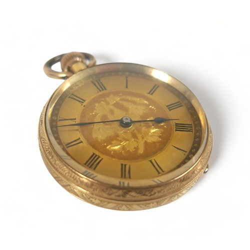 112 - An 18ct gold cased fob watch, top wind, golden Roman numeral dial, 18ct gold dust cover, case diamet... 