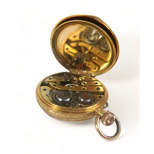 112 - An 18ct gold cased fob watch, top wind, golden Roman numeral dial, 18ct gold dust cover, case diamet... 