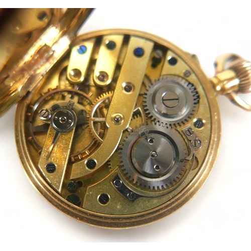 112 - An 18ct gold cased fob watch, top wind, golden Roman numeral dial, 18ct gold dust cover, case diamet... 