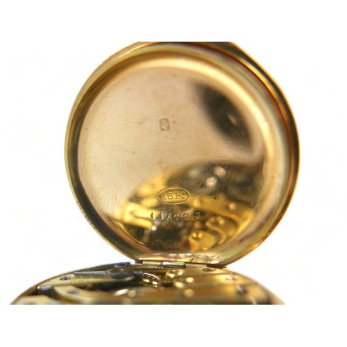 112 - An 18ct gold cased fob watch, top wind, golden Roman numeral dial, 18ct gold dust cover, case diamet... 