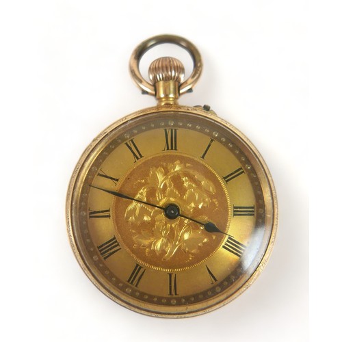 112 - An 18ct gold cased fob watch, top wind, golden Roman numeral dial, 18ct gold dust cover, case diamet... 