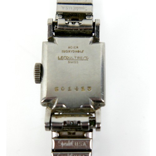 136 - A vintage Jaeger LeCoultre lady's wristwatch, with square steel case, square 3.6.9.12 Arabic dial, i... 