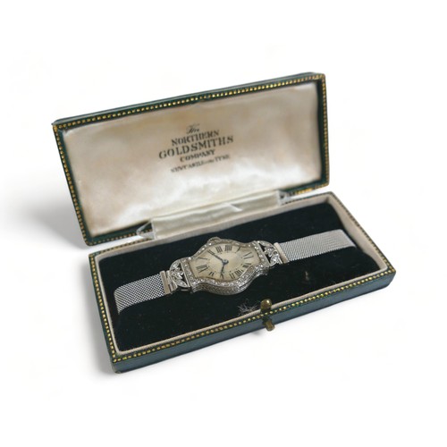 137 - An Art Deco diamond and platinum lady's cocktail watch, on a later 9ct white gold mesh strap, manual... 